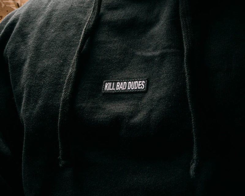 KBD patch hoodie, kill bad dudes center chest patch,