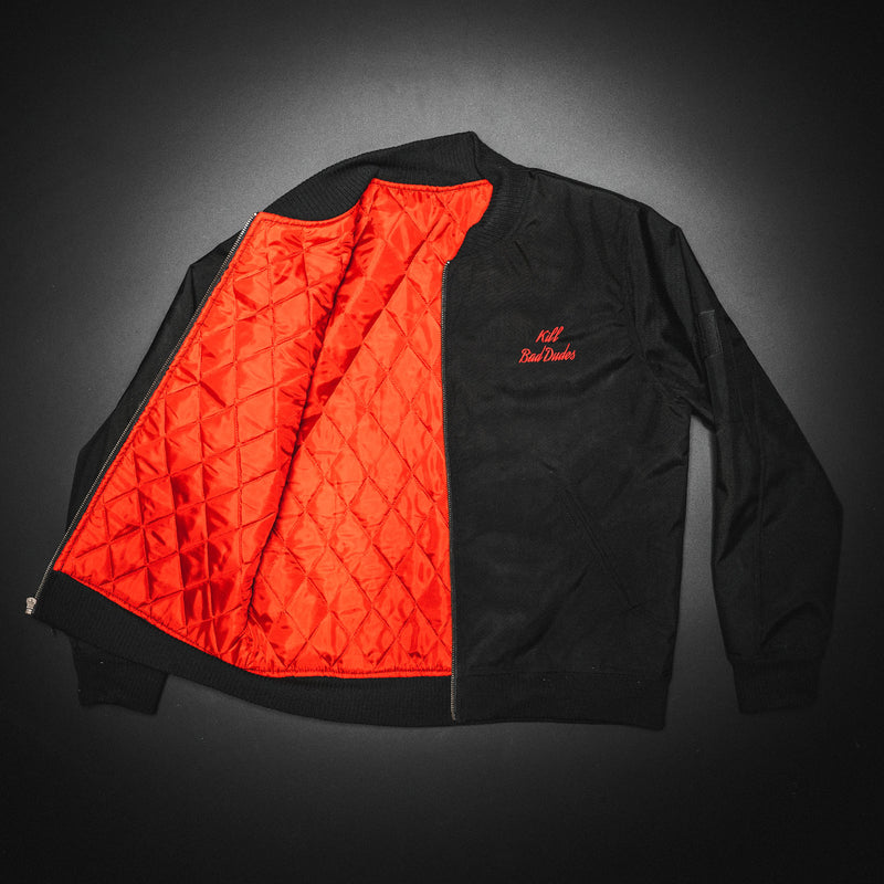 Bomber jacket, Black cordura with red satin inside, diamond stitch